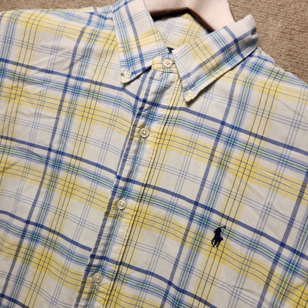 Polo Ralph Lauren Button Down Mens XL Yellow Blue Plaid Short Sleeve Pony Logo